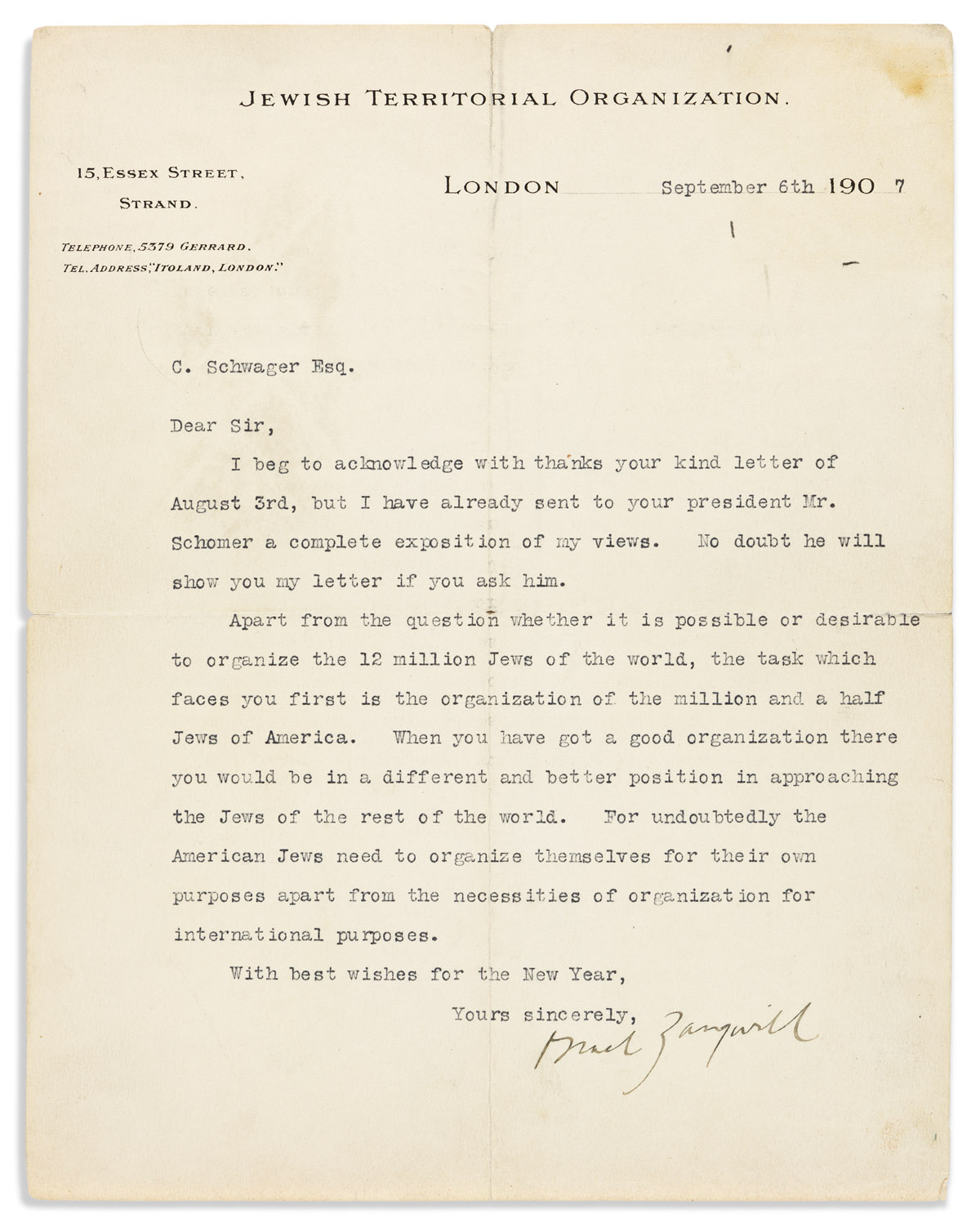 ZANGWILL, ISRAEL. Typed Letter Signed, to Charles Schwager,